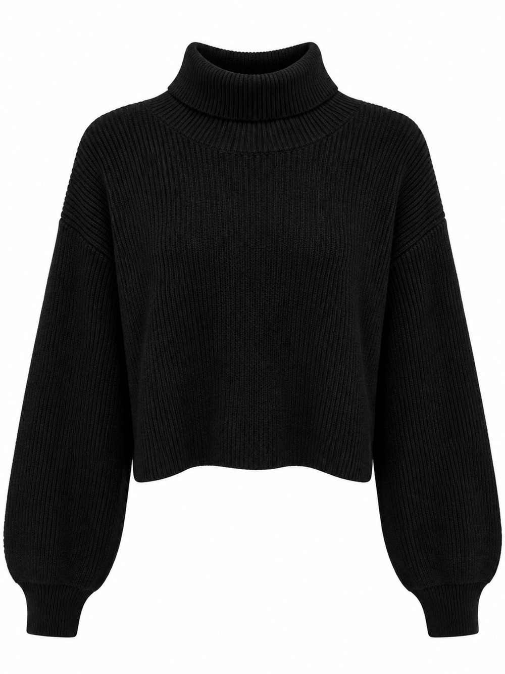 Blue Rain Turtleneck Sweater Women's Large Black Balloon Sleeve Cropped Rib Knit